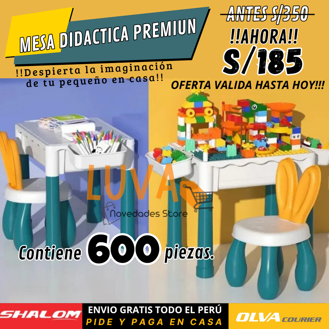 MESA DIDACTICA PREMIUN 3 EN 1 + 600 PIEZAS + SILLA + MALETA